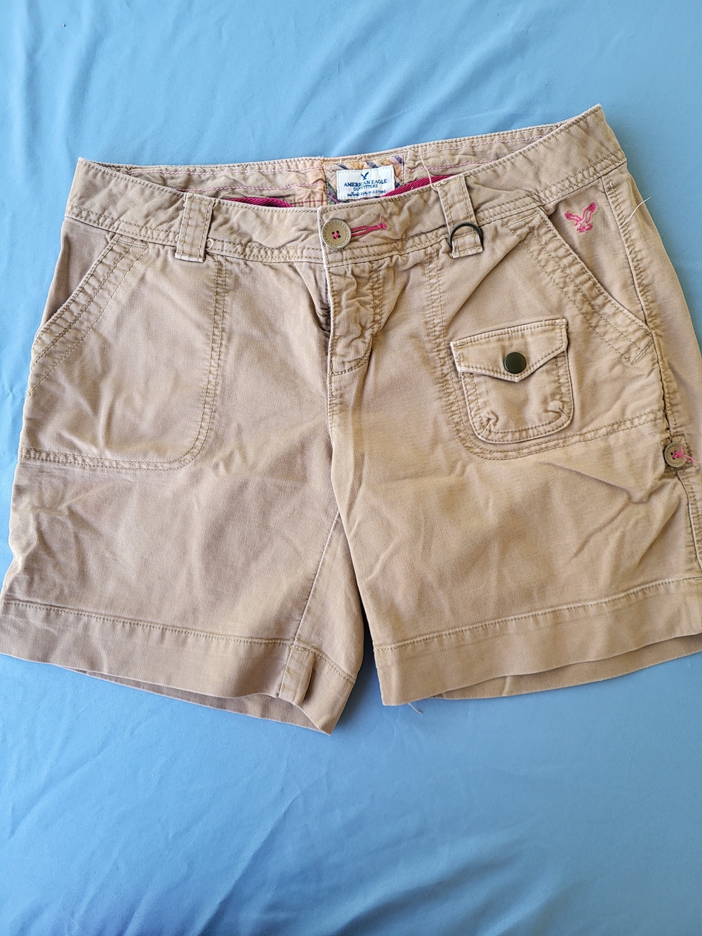 Vintage American Eagle Low Rise Khaki Corduroy Cargo Utility Shorts Pink Stitchi
